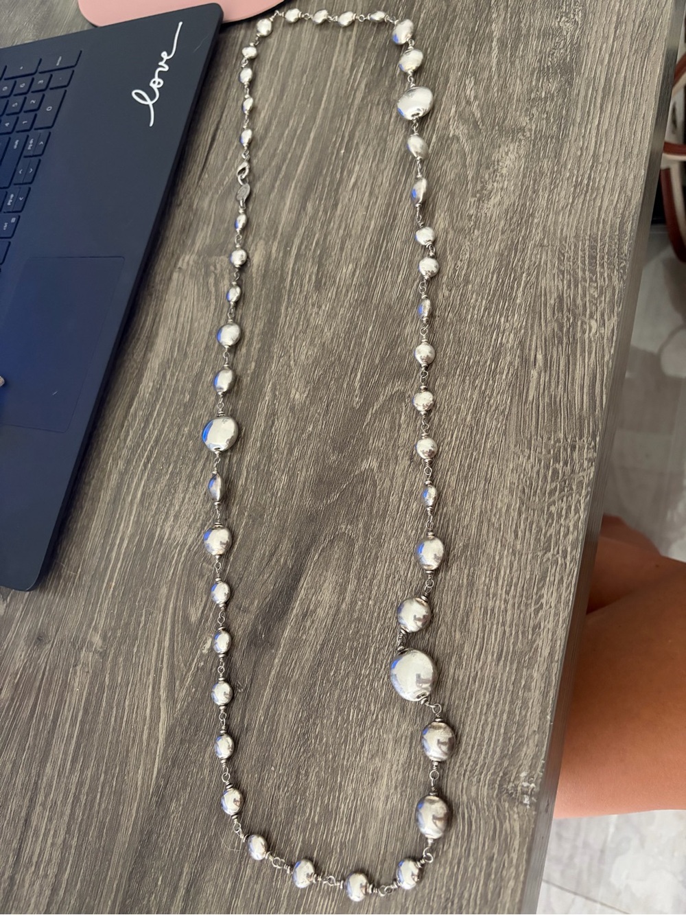 Sterling Silver Beaded Long Necklace - Silver